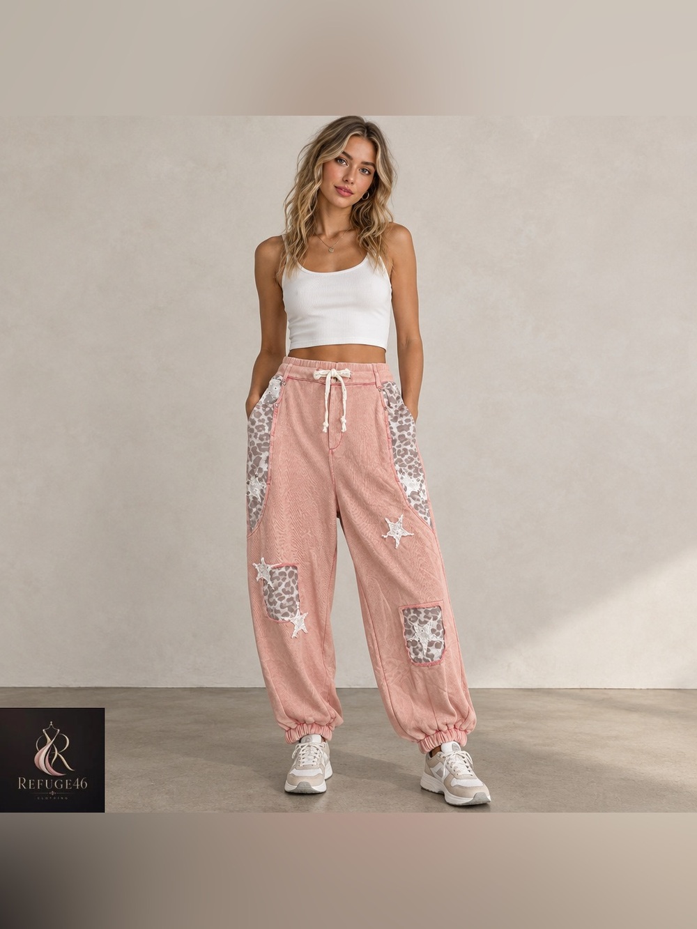 NEW POL Vintage Washed French Terry Star Patch High Rise Jogger Pant